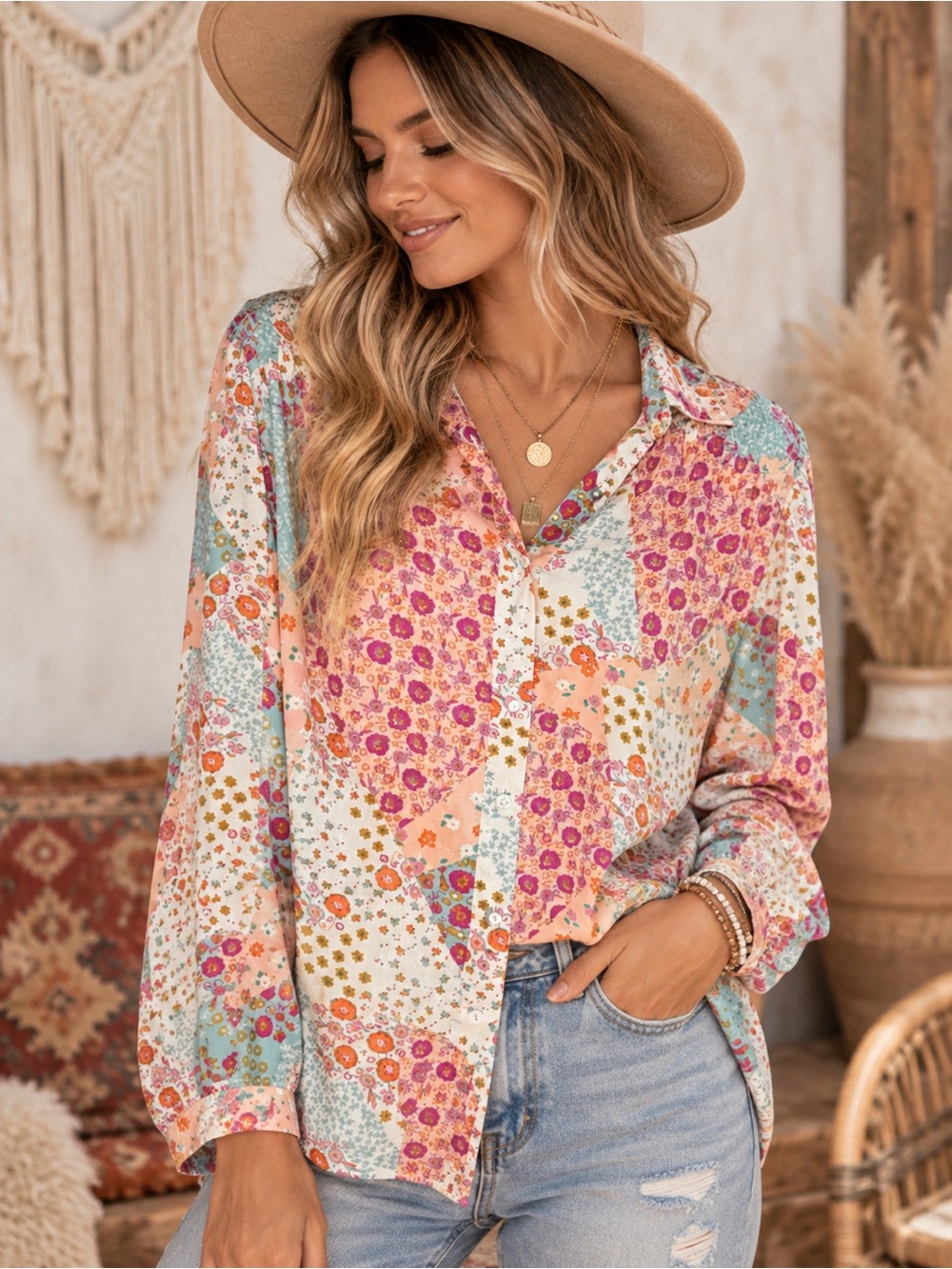 Rose + Olive Multicolor Floral Patchwork Blouse